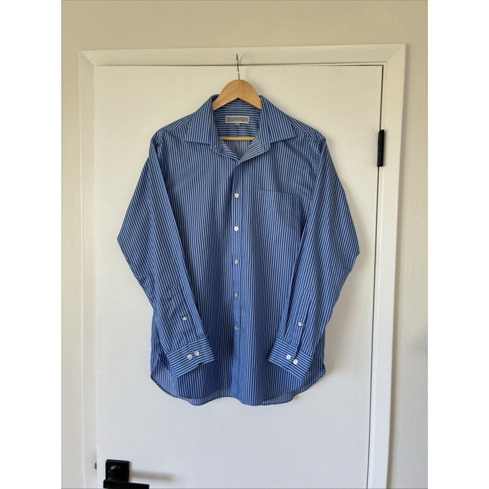 Michael Kors Mens Large Blue Striped Long Sleeve Button Dress Shirt EUC